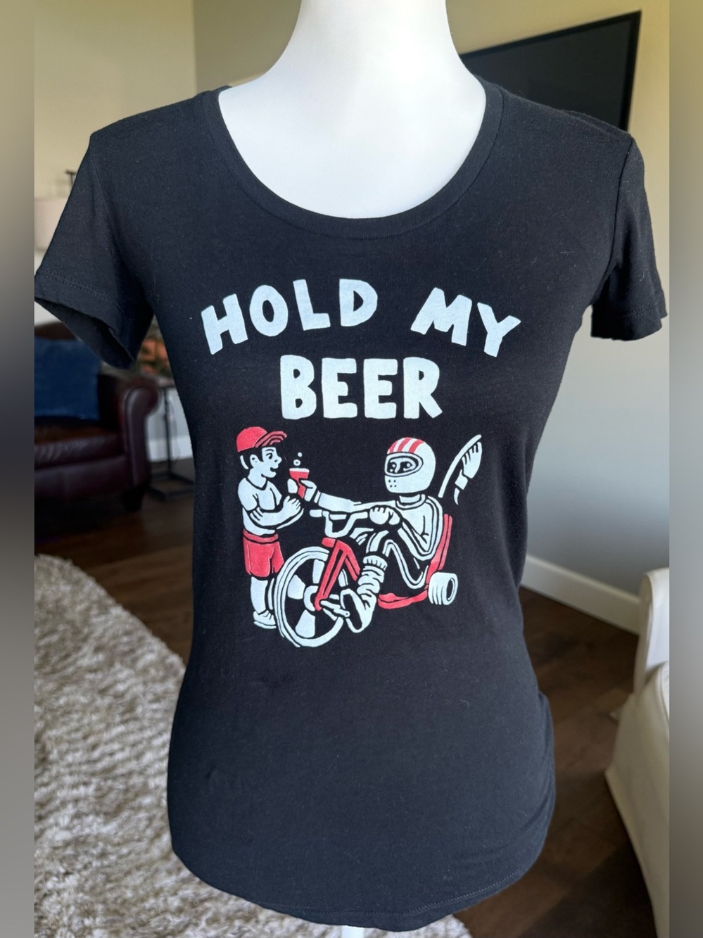 Chive Tees Hold My Beer Graphic Tee - Black with Red & White Print Size Small